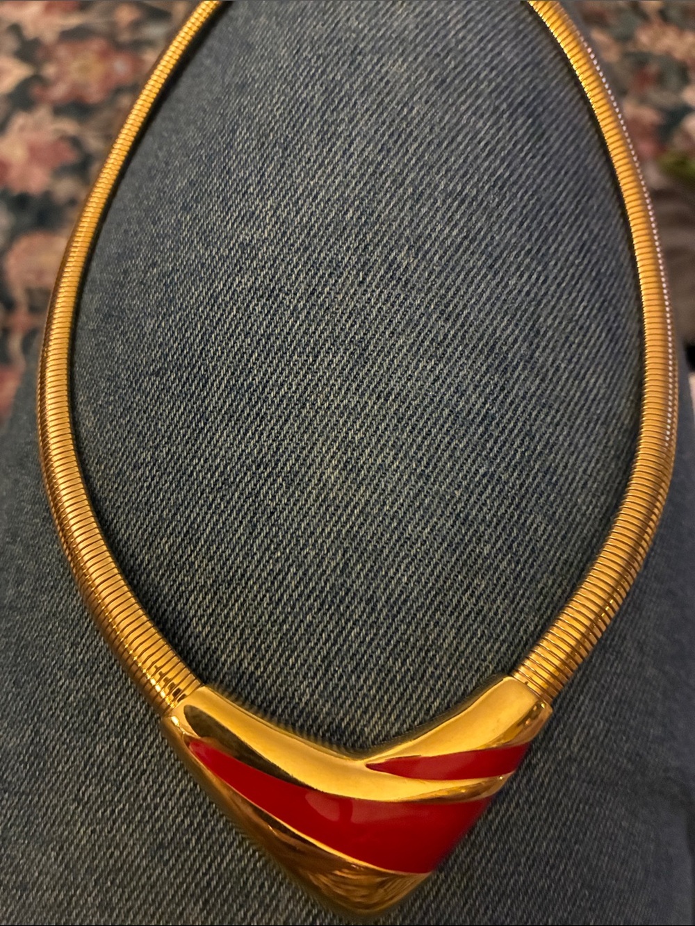 Napier Gold and Red V-Shaped Collar Necklace 80s modernist choker